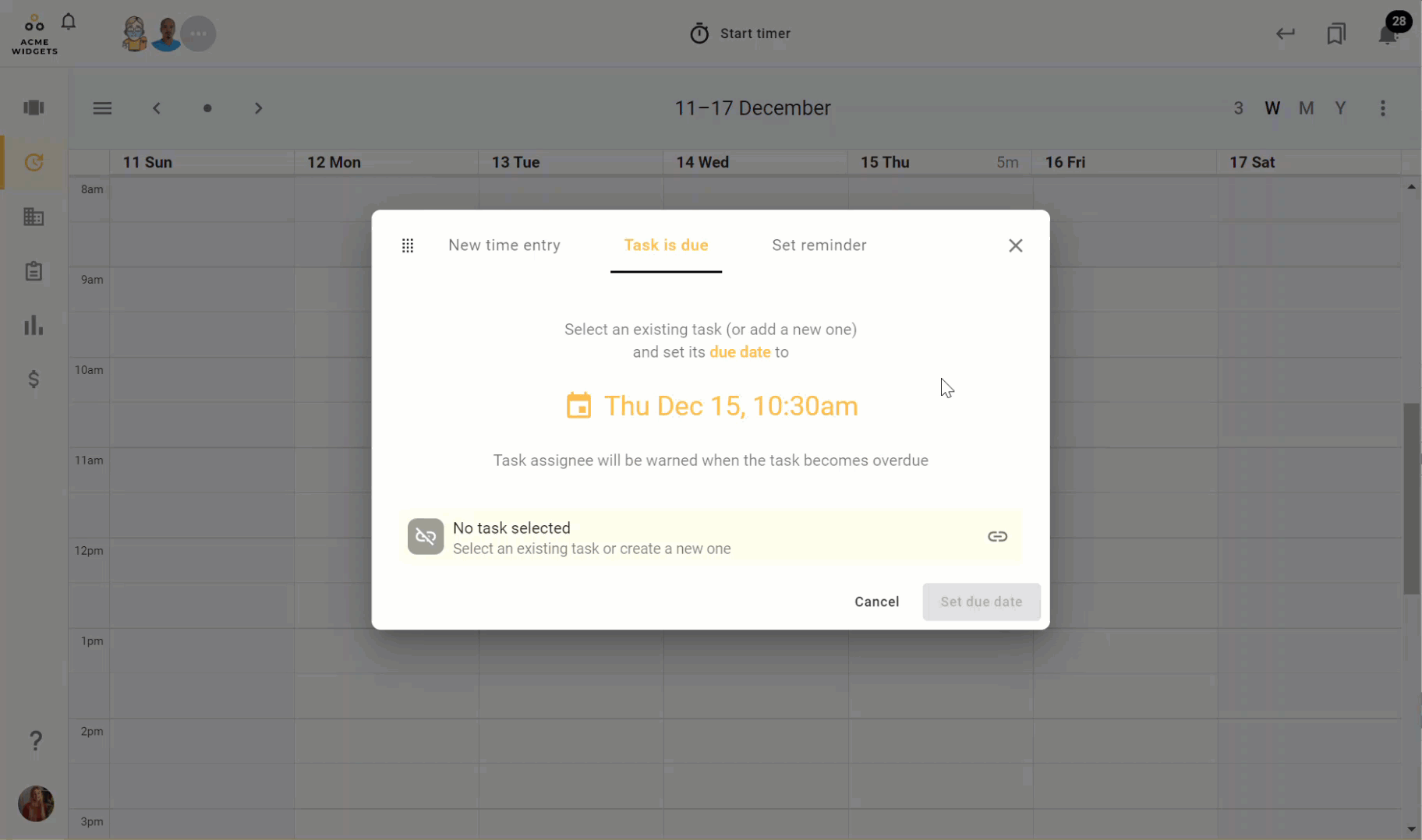 An animated GIF demonstrating how a todo.vu User can create a new due task from todo.vu's calendar.