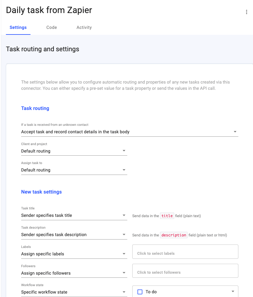 A screenshot of todo.vu’s API connector settings to enable an add-task Zapier integration.