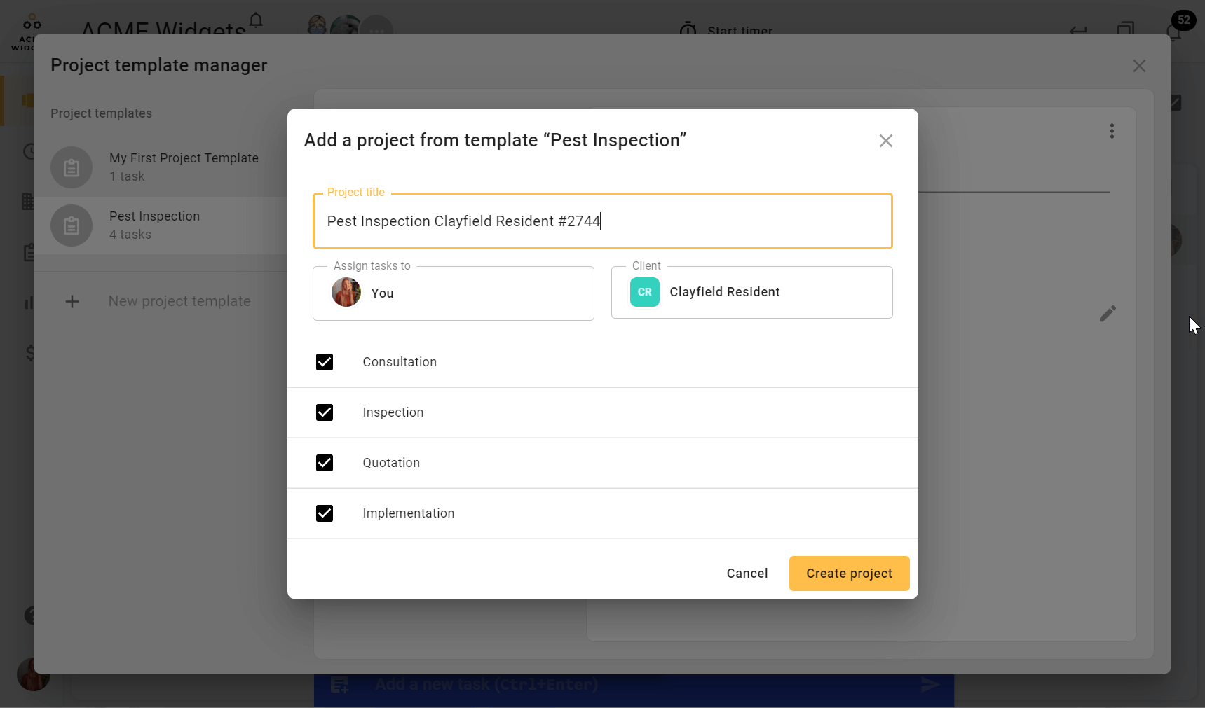 A screenshot of todo.vu's project template manager creating a series of four Tasks at once.