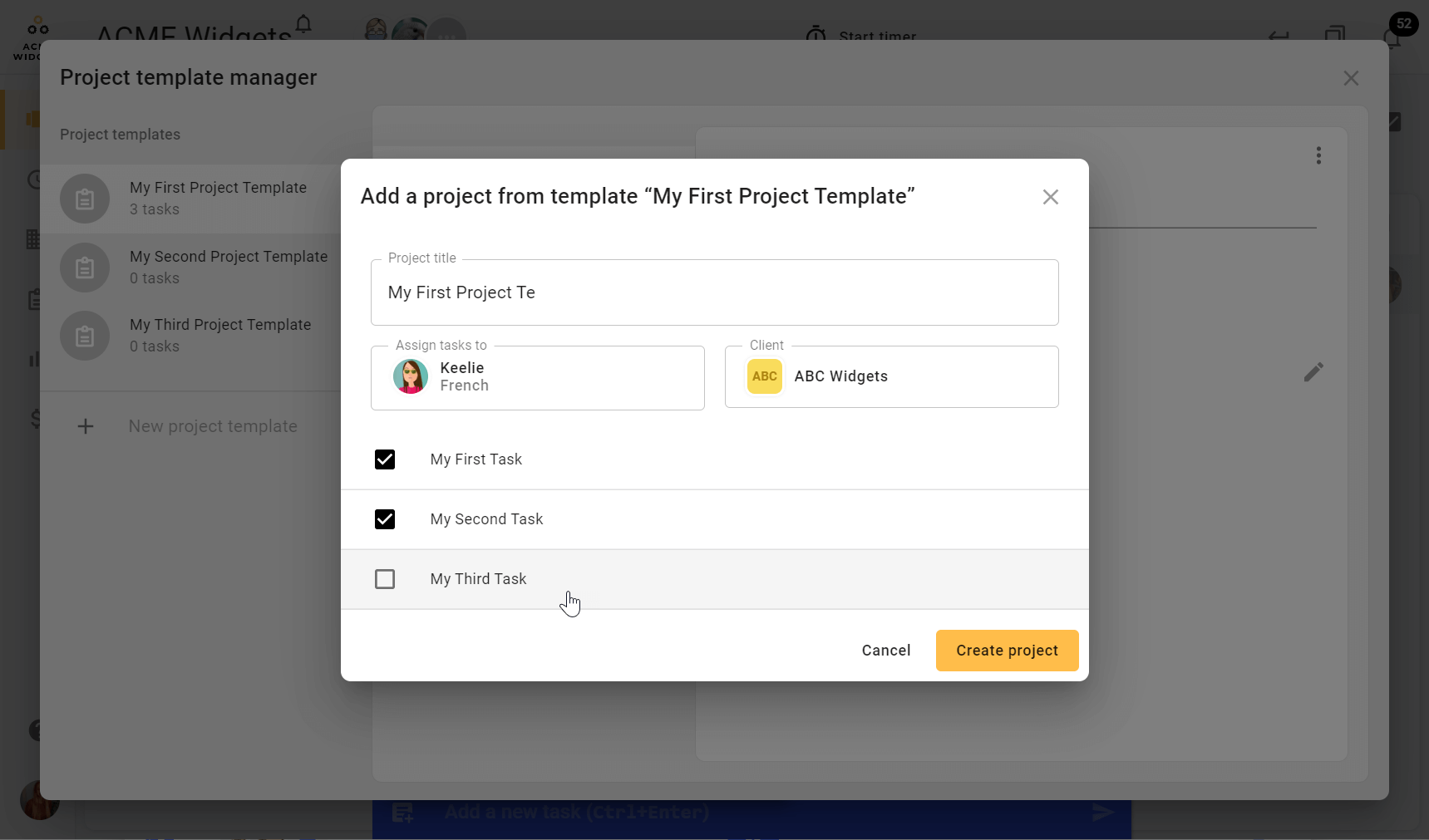 A screenshot demonstrating a user customising a Project when using its Project Template before sending it live to the todo.vu Workspace.