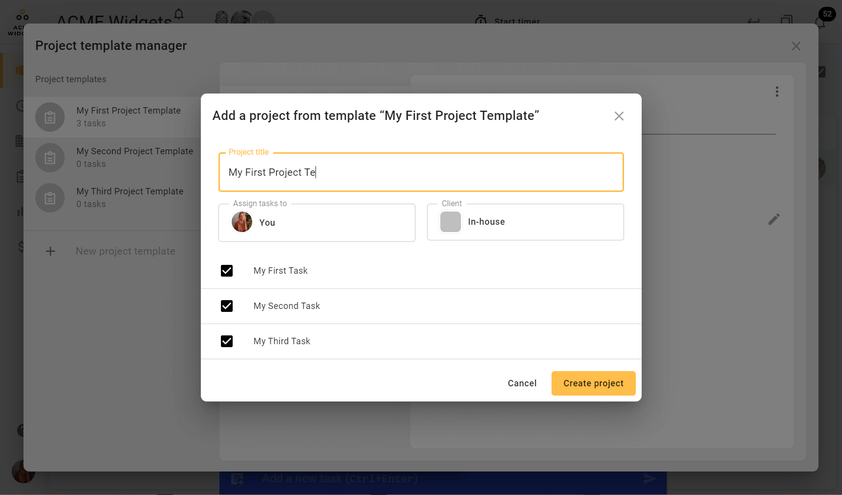 A screenshot of a user renaming a Project when using its Project Template before sending it live to the todo.vu Workspace.